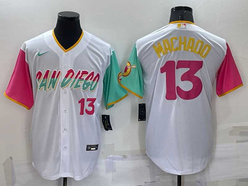 Men's San Diego Padres #13 Manny Machado White Number 2022 City Connect Cool Base Stitched Jersey,We sell and wholesale Men's San Diego Padres #13 Manny Machado White Number 2022 City Connect Cool Base Stitched Jersey on line form chian!